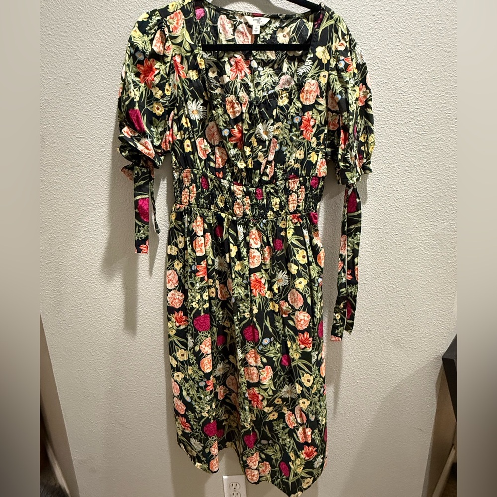 Terra & Sky Black Floral Puff Sleeve Midi Dress Size 14W/0X